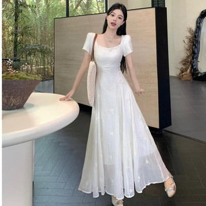 French Square Collar Long Dress Natural Waist Translucent Splicing Irregular Club Wear - Product Image 3