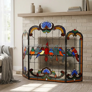 Cathedral Stained Glass Fireplace <b>Screen</b> 3 Panels 10 Sets Bird Design Traditional Decor Rectangle Shape Artistic Decoration - Product Image 3
