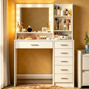 Factory Direct Wholesale Modern Vanity Desk LED Lighted Mirror Dimmable Charging Station <strong>Makeup</strong> Dressing Table Shelves 5 <strong>Drawers</strong> - Product Image 3