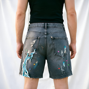 กางเกงยีนส์ขาสั้นทรงหลวมประดับคริสตัลสไตล์เรโทรสีดำฟอก  งานคุณภาพระดับไฮเอนด์ พิมพ์ลายสำหรับงานปาร์ตี้ กางเกงยีนส์ขาสั้นผู้ชาย - Product Image 2