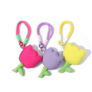 Beautiful Tulip Keychain with Wrist Strap Puffy Fabric Flower Bag Charm Soft Padded Keyring <b>Gift</b> for Girlfriend - Product Image 1