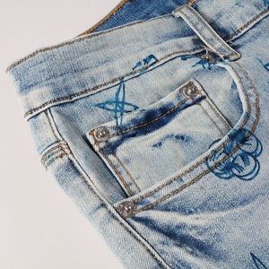 Nouveau design – Jean slim décontracté pour homme, denim bleu clair, imprimé lettres, délavé vintage, coupe droite - Product Image 6