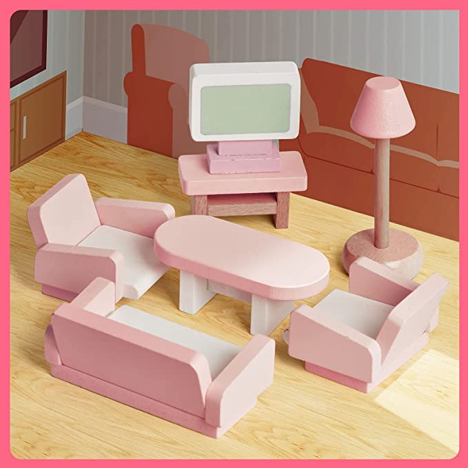 Pink Wooden Doll House Furniture