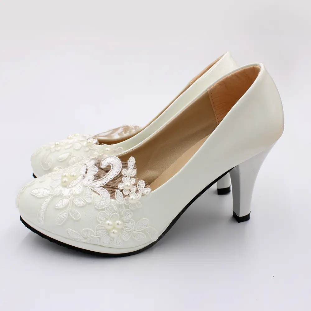 Large Size Flat Lace Pointe Bridesmaid Ladies Wedding Shoes White Bride Dress Women Thin 8cm Heel Wedding Shoes