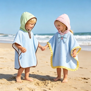 Costume da bagno estivo per bambina con cappuccio in seersucker ricamato, balze e fiocco, fodera in spugna bianca, abbigliamento da spiaggia per bambini 2026 - Product Image 1