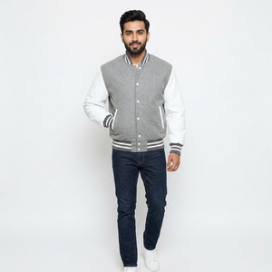 High Quality Men's Winter Varsity <b>Jacket</b> Wool <b>Grey</b> Leather Sleeve with Stand Collar Casual Style OEM Custom Button Design - Product Image 1