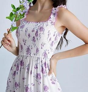 <span class=keywords><strong>Vestido</strong></span> Midi <span class=keywords><strong>Victoriano</strong></span> para Mujer, Estampado Floral, Tejido Natural 100% Algodón, Fruncido, Transpirable, Ecológico, Casual de Verano para Playa - Product Image 1