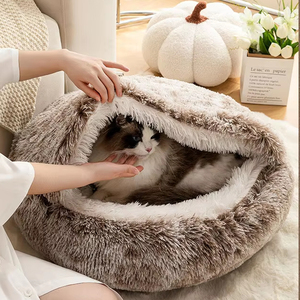 Venta al por mayor de Perrera de invierno semicerrada de felpa larga cama para gatos y perros con carcasa de nido para gatos y perros - Product Image 2