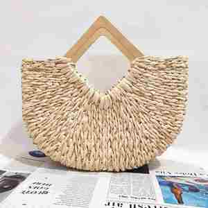 Sac de plage tressé en paille avec poignée en bois, grande capacité, pour femme, idéal pour les vacances et les loisirs, avec corde dorée, vente en gros - Product Image 2