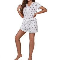 Pyjama d'été transfrontalier best-seller, respirant, col en V, imprimé cœurs cerises, bordure brodée soluble dans l'eau, manches courtes et short