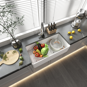 Fregadero de cocina de cerámica de 36 pulgadas, negro, de arcilla refractaria, con delantal frontal, de un solo tazón, estilo granja, profundo - Product Image 3