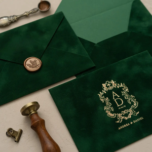 Enveloppes d'invitation en velours <span class=keywords><strong>de</strong></span> luxe faites à la main avec monogramme en feuille d'or pressée A7 |   C6 |   Enveloppe en velours vert foncé C5 - Product Image 1