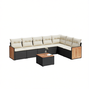 D0100XFTCQ2 Conjunto de Sofás de Jardín para Exteriores, Ratán Sintético Negro, Cojines Blancos Crema, Muebles Seccionales Grandes - Product Image 1