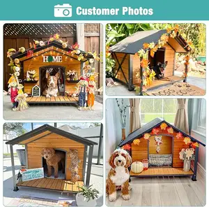 Tempat tinggal anjing kayu tahan cuaca untuk anjing ukuran kecil hingga sedang, rangka besi dalam ruangan luar ruangan, rumah anjing dengan teras besar
