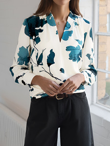 Camicetta Estiva di Lusso da Donna, Top Casual con Scollo a V, Stampa Floreale in Lino, Vestibilità Regolare, Manica Lunga per Feste, Ufficio e Uso Quotidiano - Product Image 5