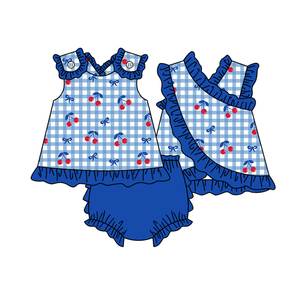 GBO0522 Ensemble de vêtements décontractés pour fillette, style personnalisé sans MOQ, imprimé fleurs bleues, sans manches, shorty, vente en gros pour enfants - Product Image 3