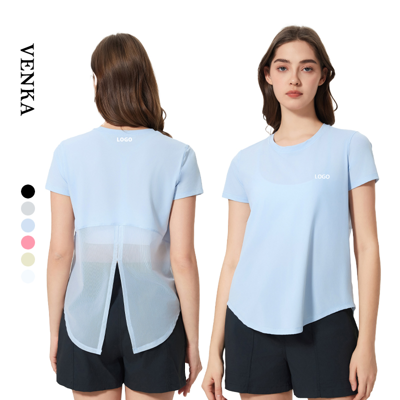 Women's Casual Summer Cooling Yoga Top Quick Dry Short Sleeve T-Shirt with Mesh Slit Design on Back Breathable and Seamless