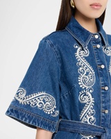 Robe chemise en jean bleu brodée pour femme, robe en jean à volants, tenue de tous les jours, robe en jean à boutons