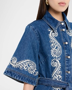 Robe chemise en jean bleu brodée pour femme, robe en jean à volants, tenue de tous les jours, robe en jean à boutons - Product Image 2