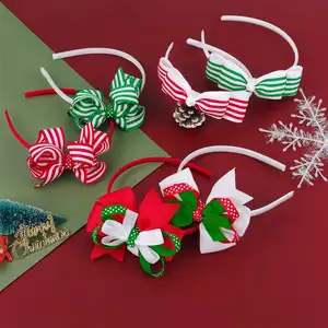 2023欧美爆炸热儿童蝴蝶结头带圣诞装饰红色，绿色和白色条纹发带