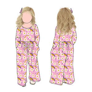 Vente en gros de barboteuse ODM à manches bouffantes avec imprimé doux arc-en-ciel pour bébés filles enfants enfants en automne saison - Product Image 1