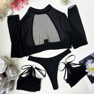 Conjunto de lencería de 2 piezas de malla transparente para mujer, top corto de cuello alto y tanga de corte alto, ropa de dormir sexy para discoteca - Product Image 6