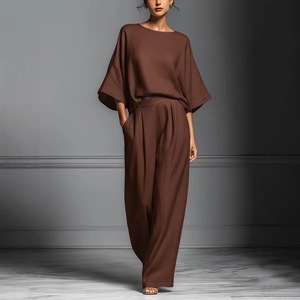 Elegante <span class=keywords><strong>Completo</strong></span> in Lino per <span class=keywords><strong>Donna</strong></span>, Set Estivo Casual con <span class=keywords><strong>Camicia</strong></span> a Maniche 3/4 <span class=keywords><strong>e</strong></span> <span class=keywords><strong>Pantaloni</strong></span> Larghi, Due Pezzi - Product Image 2