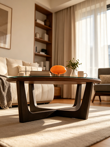 Mesa de Centro Ovalada de Madera de Nogal Macizo, Diseño Minimalista con Estructura Hueca Entrelazada, para Sala de Estar - Product Image 2