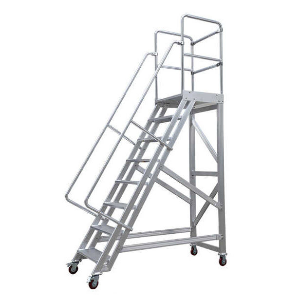 Aluminum Mobile Platform Steps Ladder Handrails Four-Wheel Wheels Customizable Warehouse Safety Rolling Mobile Platform OEM