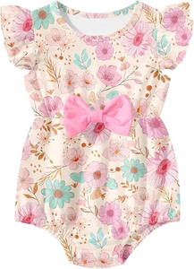 Conjunto de mameluco de manga con volantes para niña con lazo: monos infantiles con estampado floral y de dibujos animados, mono con lazo de 0 a 24 <span class=keywords><strong>meses</strong></span> - Product Image 4