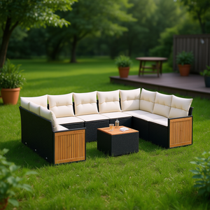 Ensemble de canapés de jardin noir et crème, meubles en rotin d'extérieur avec coussins en mousse haute densité, design contemporain imperméable - Product Image 2