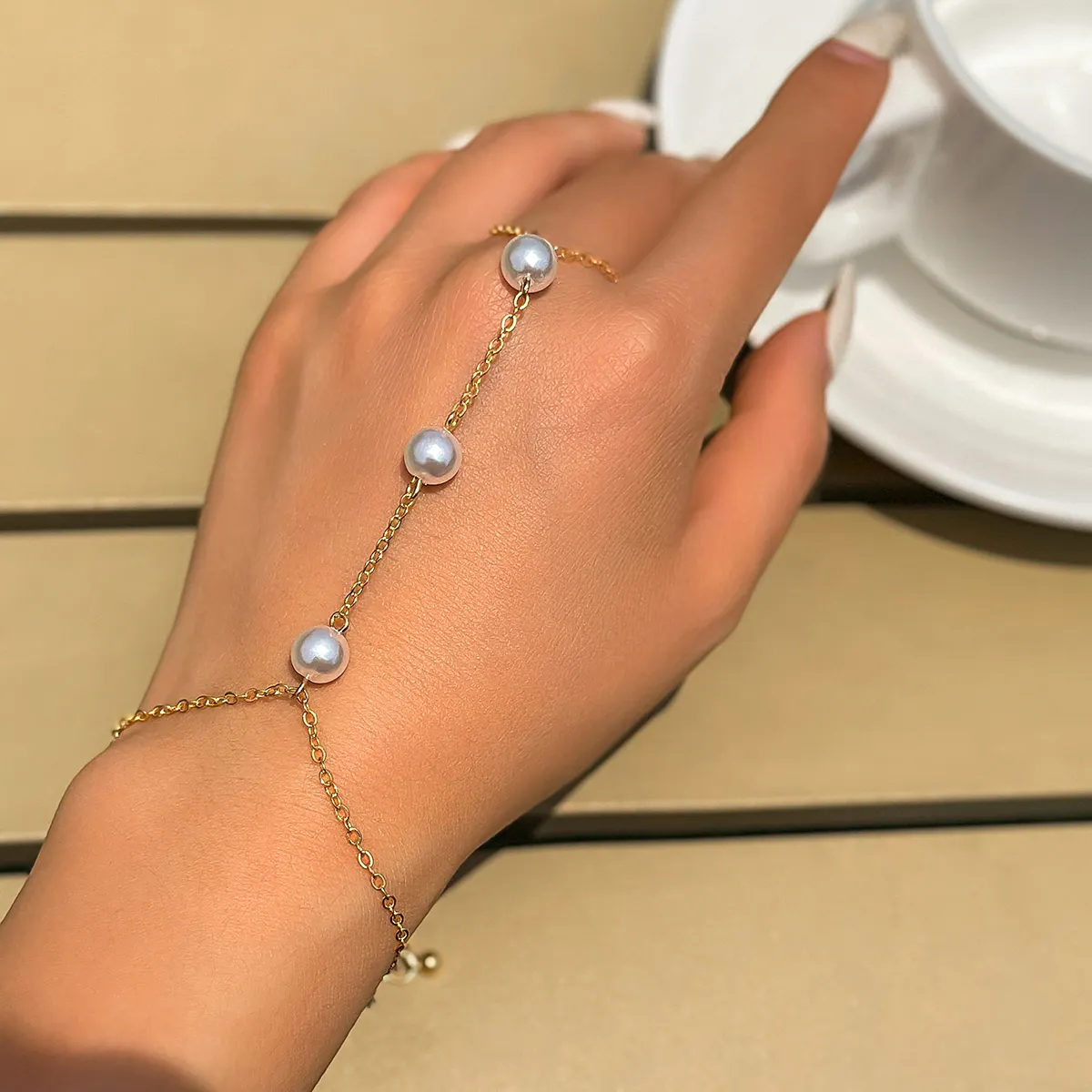 SHIXIN Simple Creative Pearl Finger Ring Bracelets for Women Wed Bridal Link Chains Connected Harness Bracelets Jewelry Gift