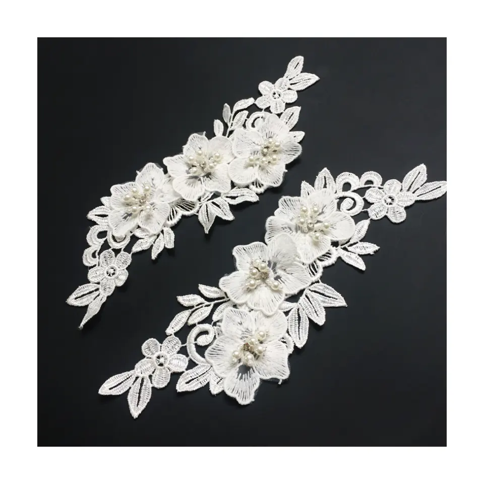 100% Polyester 3D Flower Embroidered Lace Applique Beaded Rhinestone Guipure Fabric Made Popular China Dress Use 7 Days Delivery