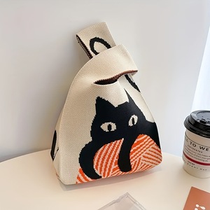 Bolso de Mano Tejido con Patrón de Gato de Dibujos Animados, Estilo Coreano, Portátil, de Gran Capacidad, para Mujer - Product Image 4
