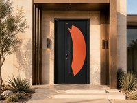 Porte d'entrée simple moderne en aluminium de qualité supérieure, finition charbon mat minimaliste nordique avec accent orange, sur mesure