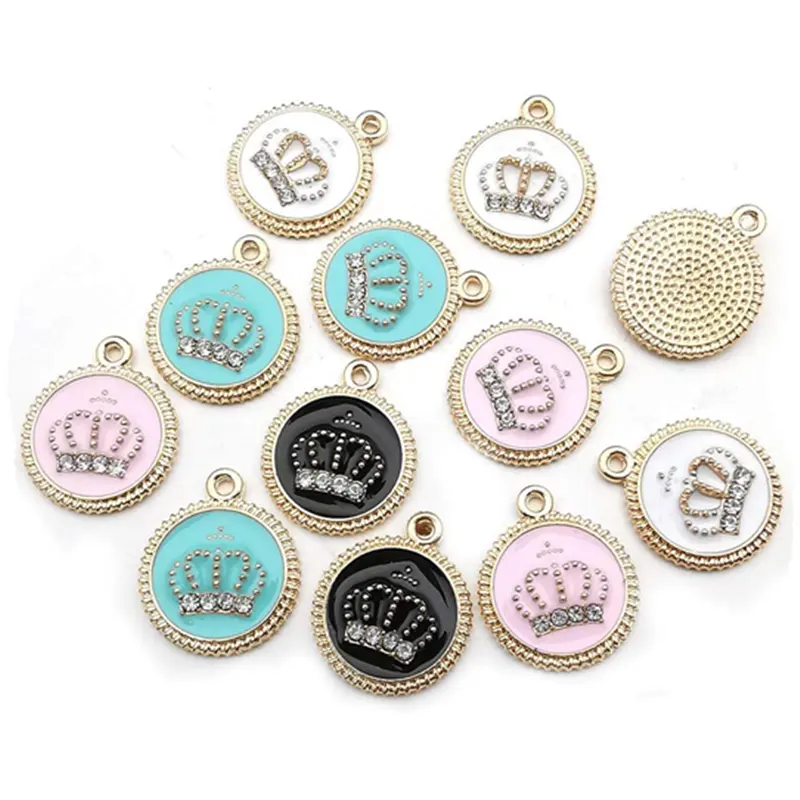 Gold Plated Enamel Diamond Round Crown Charms Pendant for Jewelry Making Necklace Bracelet Earring
