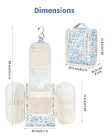 Trousse de toilette suspendue à motif floral bleu, trousse de maquillage résistante à l'eau avec 360 compartiments °   Grande trousse de toilette de voyage avec crochet métallique rotatif
