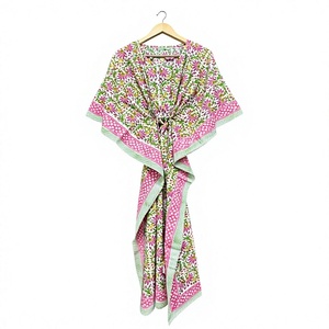 Robe Kaftan en Coton Imprimé Floral Rose pour Femme, Faite à la Main, Style Bohème, Manches Courtes, Coupe Ample, Élégante, Automne/Printemps - Product Image 1