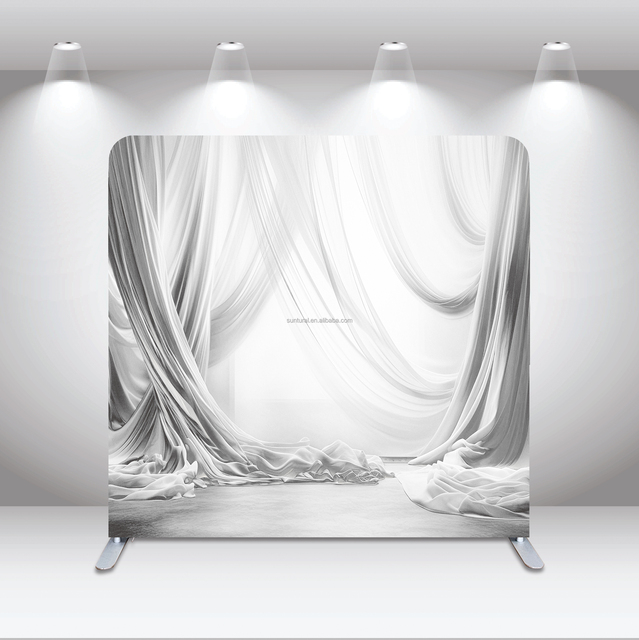 New Design 7.6x7.6FT Black White Monochrome Drape Wrinkle-Free Tension Fabric Backdrop Wedding Party Photography Aluminum Frame