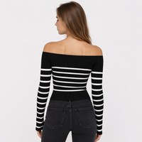 Haut en tricot pour femme avec logo personnalisé, manches longues, épaules dénudées, rayé, mode hiver, mélange viscose et polyester, usine OEM & ODM