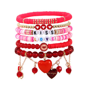 Conjunto de Pulsera con Colgante de Corazón, 6 Piezas, Arcilla Polimérica Roja, Regalo de San Valentín para Mujer, Joyería - Product Image 1