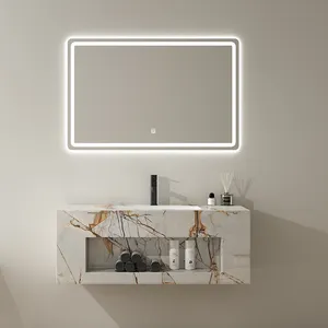 Pabrik Harga murah batu slate vanity kamar mandi dengan baskom keramik warna baru batu slate lemari rias kamar mandi dengan cermin LED