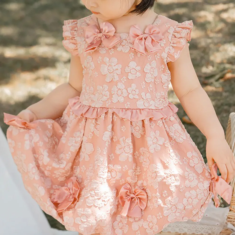 Toddler Girls Printing Flower Fashion Dress Square Neck Ruffles Waist Zipper Bow Back Design Midi Dresses