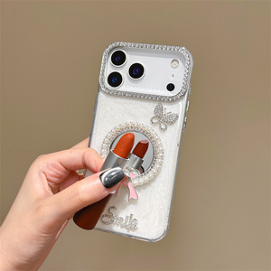 Custodia per Telefono con Cornice a Specchio Diamantata, Sfondo Bianco con Specchio Rotondo, Decorazioni con Farfalle, Lettere e Corona <span class=keywords><strong>di</strong></span> Perle - Product Image 6