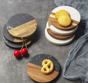 WSY810 Coffee <b>Table</b> Desk Acacia <b>White</b> Black Marble Wood <b>Round</b> Square Wooden Coaster for Drinks With Holder - Product Image 5