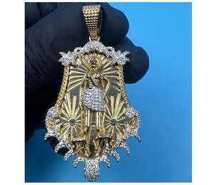 Pendentif Saint Lazarus unisexe de luxe en moissanite naturelle ronde de 2 carats plaqué or jaune, cadeau - Product Image 1