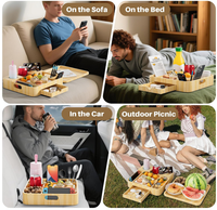 Nouveau Plateau Porte-Gobelets en Bois de Pin pour Canapé, Plateau de Service Amovible et Tiroir, Organisateur de Snacks Multi-Compartiments pour Canapé avec Support Téléphone