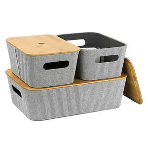 Conjunto de cajas organizadoras apilables multiusos, cestas de almacenamiento de tela de Tweed de estilo moderno, Juego de 3 con tapa de Bambú
