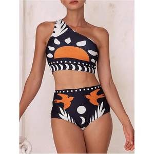 Maillot de bain 3 pièces personnalisé pour femme, ensemble bikini asymétrique à une épaule et taille haute avec pantalon de plage imprimé numérique extensible - Product Image 5
