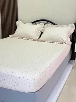Ensemble de draps en coton à volants, motif imprimé cœur, 400TC, biologique, écologique, avec sac cadeau - Cadeau de déménagement, cadeau pour la fête des mères